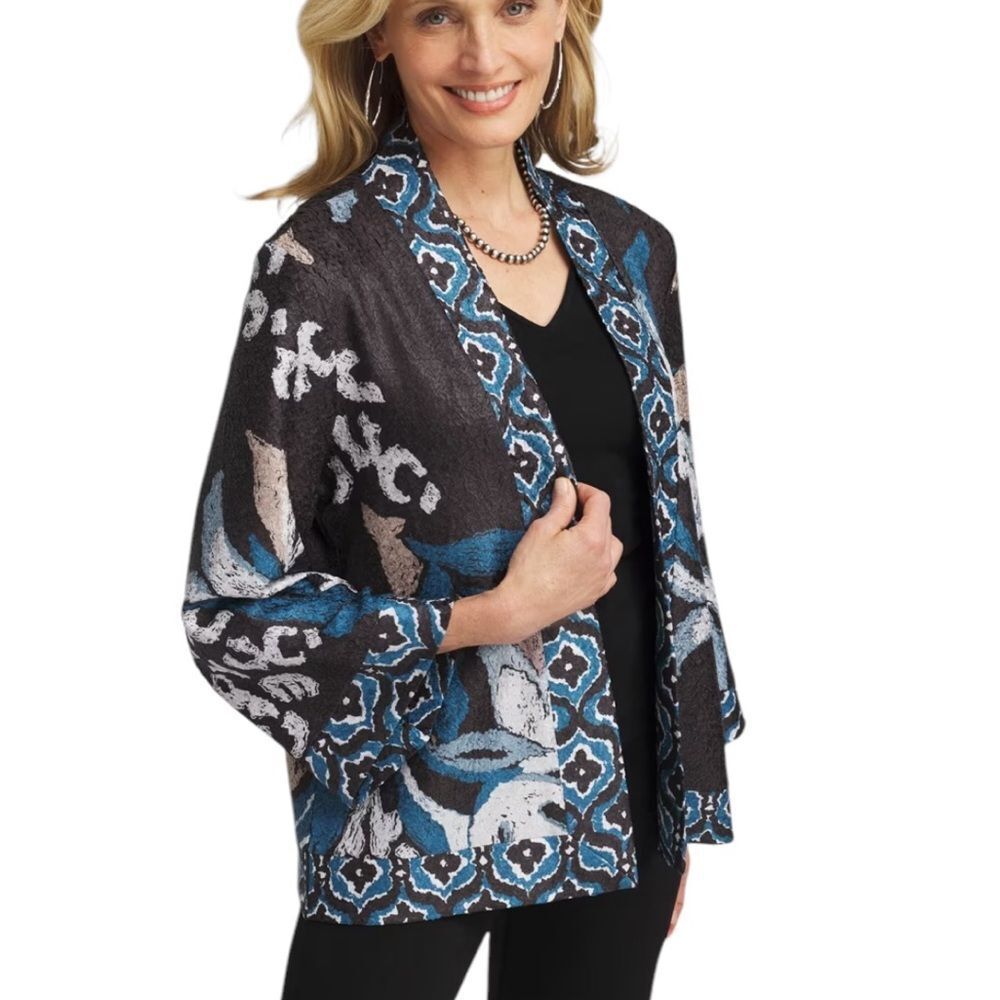 Chico’s Travelers™ Collection Reversible Floral Crushed Jacket Size 3 = XL Navy